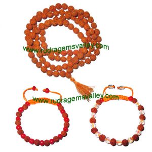 Combo Mala+Bracelets Rudraksha 5 face (5 mukhi) 7.5mm to 8mm 108+1 beads mala (pack of 1 mala + 2 rudraksha bracelets, color reddish-orange)