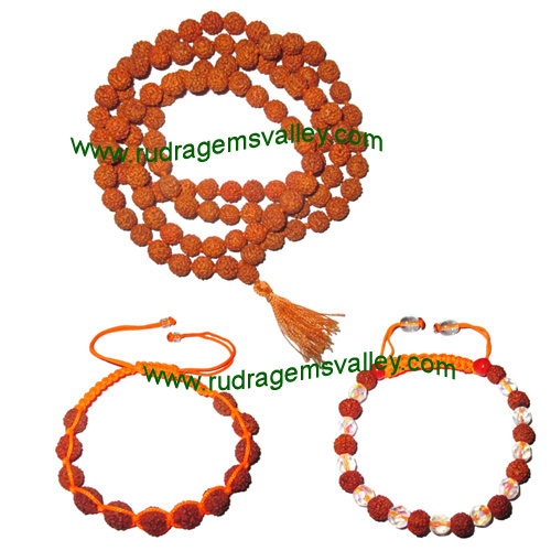 Combo Mala+Bracelets Rudraksha 5 face (5 mukhi) 7.5mm to 8mm 108+1 beads mala (pack of 1 mala + 2 rudraksha bracelets, color reddish-orange)