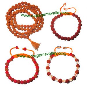 Combo Mala+Bracelets Rudraksha 5 face (5 mukhi) 7.5mm to 8mm 108+1 beads mala (pack of 1 mala + 3 rudraksha bracelets, color reddish-orange)