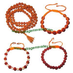 Combo Mala+Bracelets Rudraksha 5 face (5 mukhi) 7.5mm to 8mm 108+1 beads mala (pack of 1 mala + 3 rudraksha bracelets, color reddish-orange)