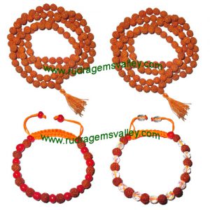 Combo Mala+Bracelets Rudraksha 5 face (5 mukhi) 7.5mm to 8mm 108+1 beads mala (pack of 2 mala + 2 rudraksha bracelets, color reddish-orange)