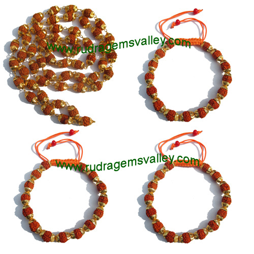 Combo Mala+Bracelets Rudraksha five face (5 mukhi) beads necklaces and bracelets with metal caps, beads size 7mm to 7.5mm, bracelet size adjustable, color reddish-orange (pack of 1 necklace and 3 bracelets)