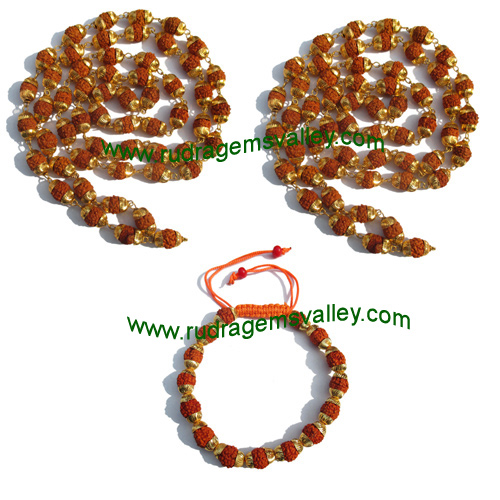 Combo Mala+Bracelets Rudraksha five face (5 mukhi) beads necklaces and bracelets with metal caps, beads size 7mm to 7.5mm, bracelet size adjustable, color reddish-orange (pack of 2 necklace and 1 bracelets)