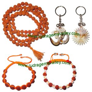 Combo Pack Rudraksha 5 face (5 mukhi) 7.5mm to 8mm 108+1 beads mala, rudraksha bracelets and acrylic key ring set (pack of 1 rudraksha mala, 2 bracelets, 2 key rings)