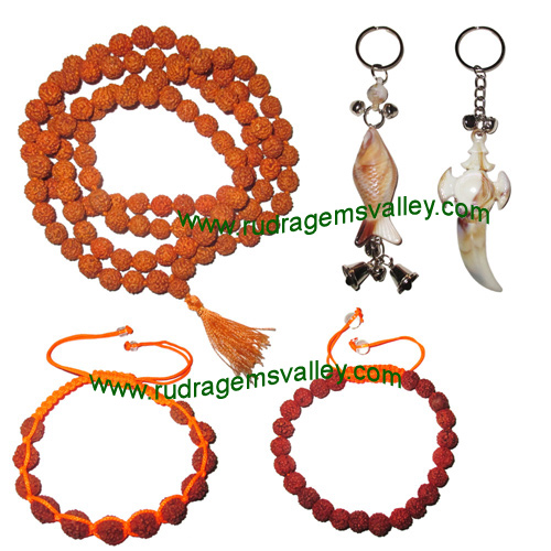 Combo Pack Rudraksha 5 face (5 mukhi) 7.5mm to 8mm 108+1 beads mala, rudraksha bracelets and acrylic key ring set (pack of 1 rudraksha mala, 2 bracelets, 2 key rings)