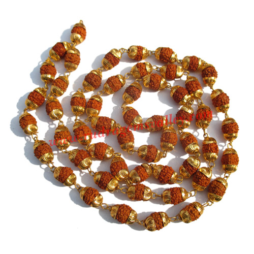 Rudraksha 5 mukhi (five face) 7mm to 8mm beads mala of 54+1 beads with gold plated metal caps, no tassel, Indonesian pure original rudraksha, also available in natural color as well as dyed color with or without knots, pack of 1 mala.