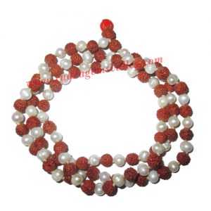 Rudraksha 5 mukhi (five face) 7mm to 7.5mm beads mala of 108+1 beads including 54 fresh water pearls, no tassels, Indonesian pure original rudraksha, available in natural color as well as dyed color with or without knots, pack of 1 string.