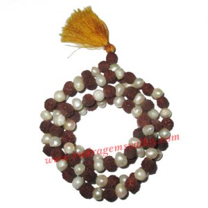 Rudraksha 5 mukhi (five face) 7mm to 7.5mm beads mala of 108+1 beads including 54 fresh water pearls, Indonesian pure original rudraksha, available in natural color as well as dyed color with or without knots, pack of 1 string.