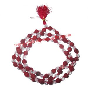 Rudraksha 5 mukhi (five face) 7mm to 7.5mm beads mala of 108+1 beads including 54 crystal stones (sphatik), Indonesian pure original rudraksha, available in natural color as well as dyed color with or without knots, pack of 1 string.