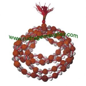 Rudraksha 5 mukhi (five face) 7mm to 7.5mm beads mala of 108+1 beads including 54 faceted clear glass beads, Indonesian pure original rudraksha, available in natural color as well as dyed color with or without knots, pack of 1 string.