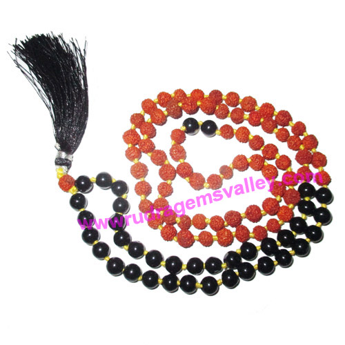 Rudraksha 5 mukhi (five face) 7mm 73 beads and 36 black star stone mala total 108+1 beads, Indonesian pure original rudraksha, we also welcome custom design orders, pack of 1 mala.