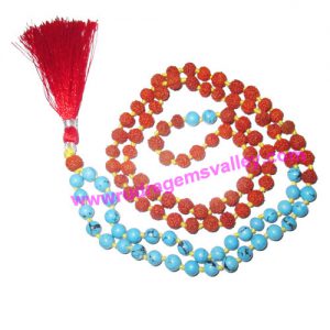 Rudraksha 5 mukhi (five face) 7mm 73 beads and 36 turquoise stone mala total 108+1 beads, Indonesian pure original rudraksha, we also welcome custom design orders, pack of 1 mala.