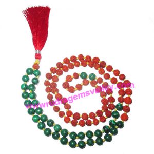 Rudraksha 5 mukhi (five face) 7mm 73 beads and 36 malachite stone mala total 108+1 beads, Indonesian pure original rudraksha, we also welcome custom design orders, pack of 1 mala.