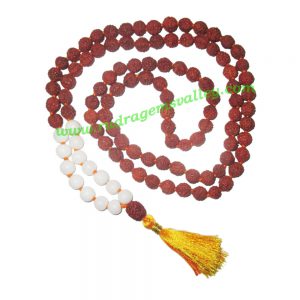 Rudraksha 5 mukhi (five face) 8mm with white agate stone prayer mala (94+1 pcs. rudraksha and 14 pcs. white agate), Indonesian pure original rudraksha with white agate mala. We also welcome custom design orders. Pack of 1 mala.