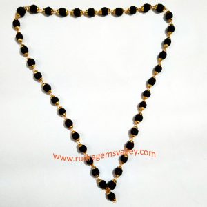 Black rudraksha 5 face beads mala with gold plated metal caps, beads size 9mm, total 40 beads in it, length (circumference) 27 inches.