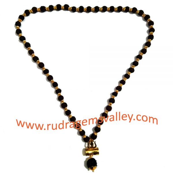 Black rudraksha 5 face 8.5mm beads mala with gold plated metal caps-trishul-pendant, you may put yantra under damaru (it is enabled with screw to put yantra in it) total 55 beads in it, length (circumference) 27 inches.
