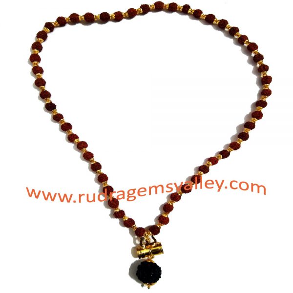 Rudraksha 5 face 8.5mm beads mala with gold plated metal caps-trishul-pendant, you may put yantra under damaru (it is enabled with screw to put yantra in it) total 55 beads in it, length (circumference) 27 inches.