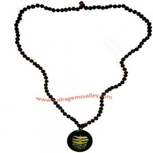 Black dyed rudraksha 5 face 6mm to 6.5mm Indonesian 109 beads mala with acrylic black mahakal pendant.