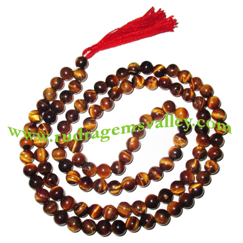 Tiger eye semi precious stone, gemstone 7mm to 8mm 108 beads knotted mala