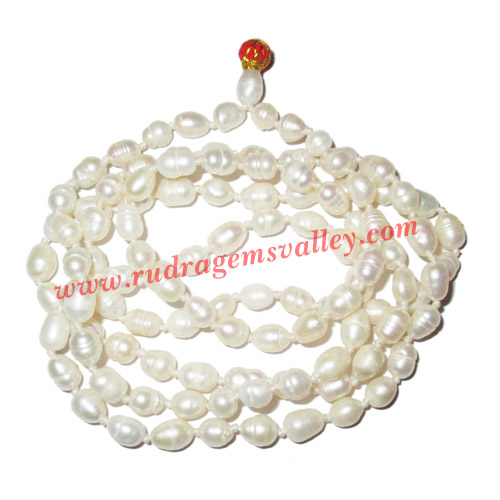 Fresh water pearl prayer mala of 5x7mm 108+1 beautiful pearls; weight approx 25.66. It represents moon and cures depression, insanity, mind, heart, eyesight, menstrual related problems etc.