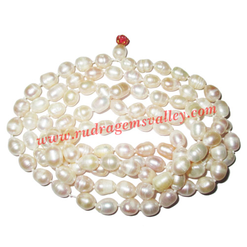 Fresh water pearl prayer mala of 7x9mm 108+1 beautiful pearls; weight approx 72.3. It represents moon and cures depression, insanity, mind, heart, eyesight, menstrual related problems etc.