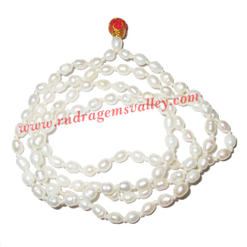 Fresh water pearl prayer mala of 3x4mm 108+1 beautiful pearls; weight approx 10.71. It represents moon and cures depression, insanity, mind, heart, eyesight, menstrual related problems etc.