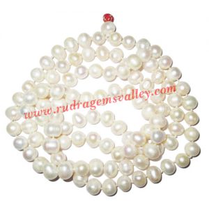 Fresh water pearl prayer mala of 8mm to 10mm 108+1 beautiful pearls; weight approx 98.15. It represents moon and cures depression, insanity, mind, heart, eyesight, menstrual related problems etc.