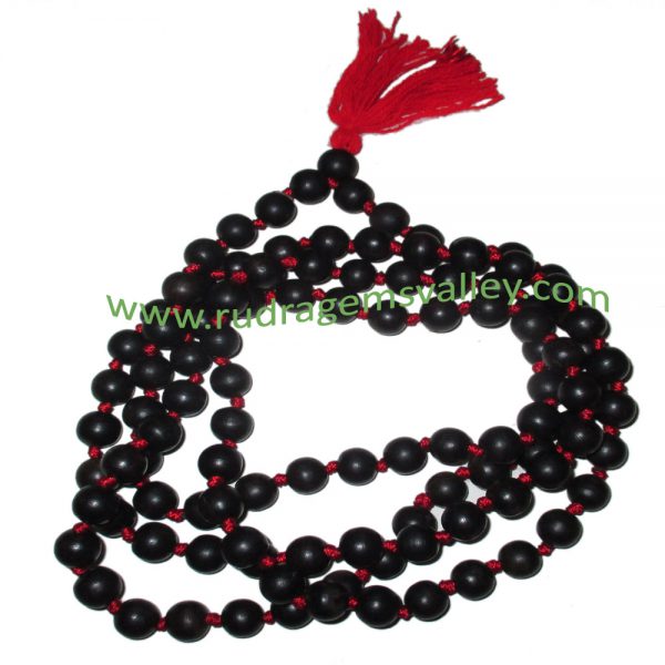 Real Ebony Wood Beads String (mala of 108+1 beads knotted), karungali mala, made of fine quality handmade 6mm round black wood beads, pack of 1 string.