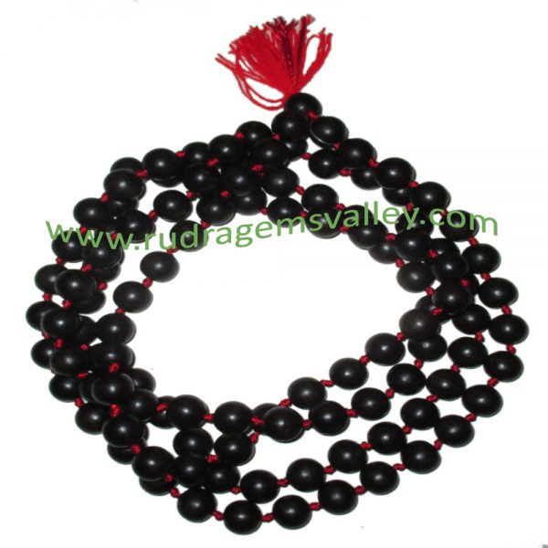 Real Ebony Wood Beads String (mala of 108+1 beads knotted), karungali mala, made of fine quality handmade 8mm round black wood beads, pack of 1 string.
