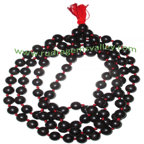 Real Ebony Wood Beads String (mala of 108+1 beads knotted), karungali mala, made of fine quality handmade 10mm round black wood beads, pack of 1 string.