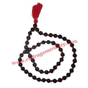 Real Ebony Wood Beads String (mala of 54+1 beads knotted), karungali mala, made of fine quality handmade 10mm round black wood beads, pack of 1 string.