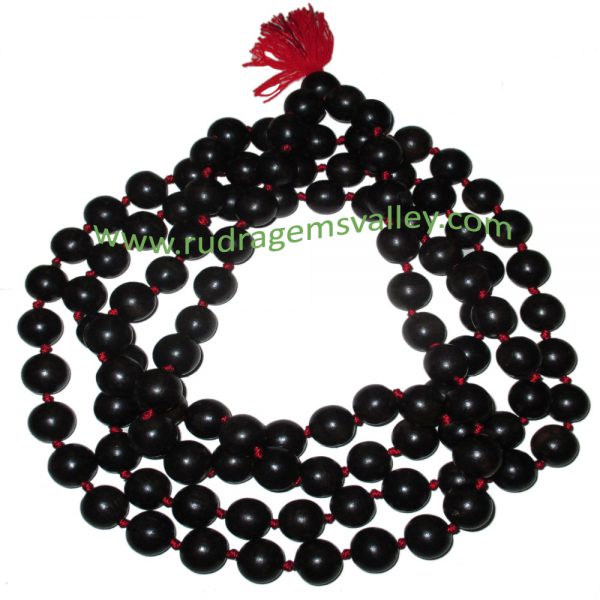 Real Ebony Wood Beads String (mala of 108+1 beads knotted), karungali mala, made of fine quality handmade 12mm round black wood beads, pack of 1 string.