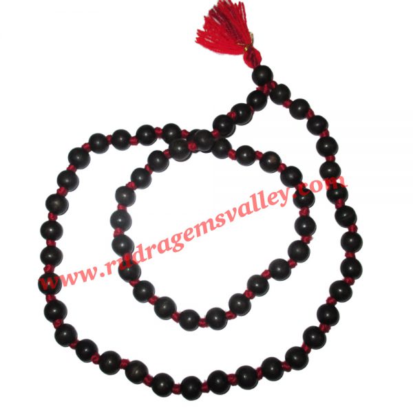 Real Ebony Wood Beads String (mala of 54+1 beads knotted), karungali mala, made of fine quality handmade 12mm round black wood beads, pack of 1 string.