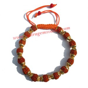 Rudraksha five face (5 mukhi) 7mm 15 beads bracelets with metal caps, free size adjustable. Five faced (5 mukhi) rudraksha beads are useful for removing lust, greed, attachment, jealousy, unwanted ego etc.; it prevents and cures blood pressure, heart prob