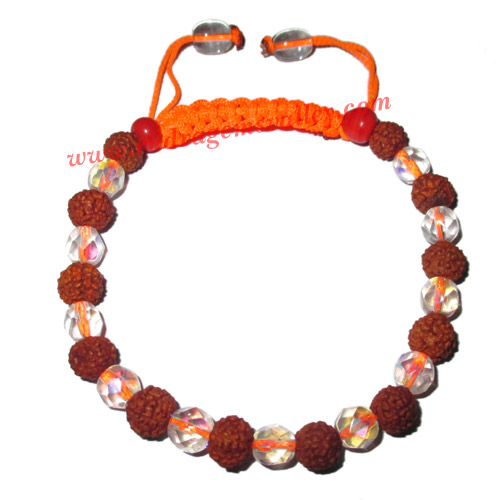 Rudraksha five face (5 mukhi) 7mm 15 beads bracelets with glass beads, free size adjustable. Five faced (5 mukhi) rudraksha beads are useful for removing lust, greed, attachment, jealousy, unwanted ego etc.; it prevents and cures blood pressure, heart pro