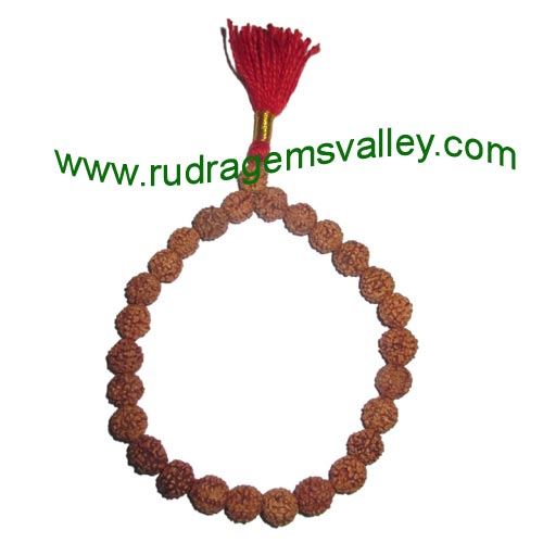 Rudraksha five face (5 mukhi) 8.5mm 27 beads bracelets made in elastic (free size, stretchable) . Five faced (5 mukhi) rudraksha beads are useful for removing lust, greed, attachment, jealousy, unwanted ego etc.; it prevents and cures blood pressure, hear