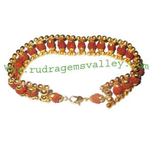 Rudraksha 5 mukhi (five face) 6mm to 6.5mm 24 beads bracelets made in gold plated balls and wire as per picture. Pack of 1 piece, also available in custom designs and colors as per your instructions.