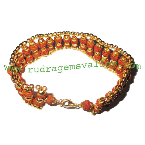 Rudraksha 5 mukhi (five face) 6mm to 6.5mm 54 beads bracelets made in gold plated balls and wire as per picture. Pack of 1 piece, also available in custom designs and colors as per your instructions.