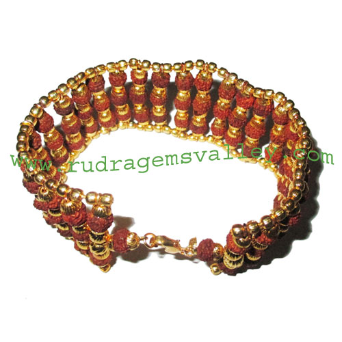 Rudraksha 5 mukhi (five face) 6mm to 6.5mm 78 beads bracelets made in gold plated balls and wire as per picture. Pack of 1 piece, also available in custom designs and colors as per your instructions.