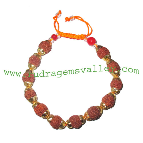 Adjustable free size rudraksha 5 mukhi (five face) 7mm to 8mm bracelets of 12 rudraksha beads in gold plated cap and wire as per picture. Pack of 1 piece, also available in custom designs and colors as per your instructions.