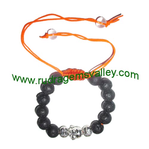 Adjustable beaded free size 8mm lava stone beads bracelets, made of 8mm volcanic rock 12 beads and 3 budhha metal beads in thread as per picture. Pack of 1 piece, also available in custom designs and sizes as per your instructions.