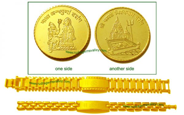 Gold plated "Mata Annapurna" and "Kashi Vishwanath" 1 coin and 2 Gold plated "Om" bracelets (pack of 1 gold coin and 2 bracelets- 1 gents and 1 ladies)