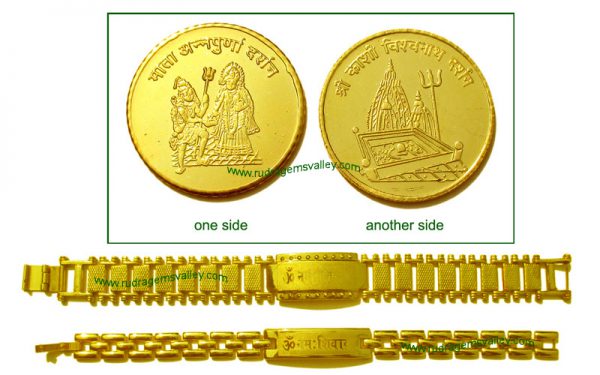 Gold plated "Mata Annapurna" and "Kashi Vishwanath" 1 coin and 2 Gold plated "Om Namah Shivay" bracelets (pack of 1 gold coin and 2 bracelets- 1 gents and 1 ladies)