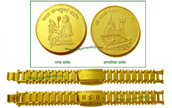 Gold plated "Mata Annapurna" and "Kashi Vishwanath" 1 coin and Gold plated "Om Namah Shivay" and "Om" bracelets (pack of 1 gold coin and 2 bracelets, both gents)