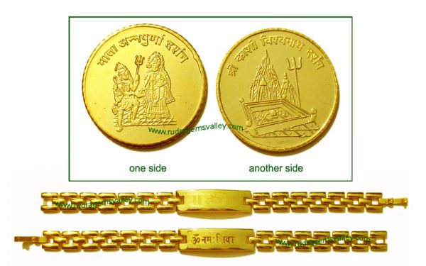 Gold plated "Mata Annapurna" and "Kashi Vishwanath" 1 coin and Gold plated "Om" and "Om Namah Shivay" bracelets (pack of 1 gold coin and 2 bracelets, both ladies)