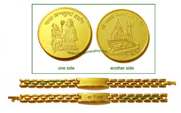 Gold plated "Mata Annapurna" and "Kashi Vishwanath" 1 coin and Gold plated "Jai Mata Di" and "Om Namah Shivay" bracelet (pack of 1 gold coin and 2 bracelets, both ladies)