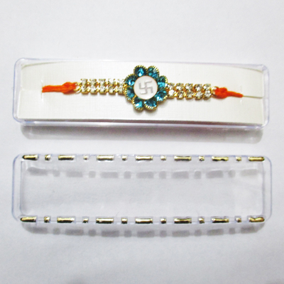 Fancy rakhi with metal decorated Swastik and AD for Indian festival Rakshabandhan celebration, pack of 1 pcs. as per picture.