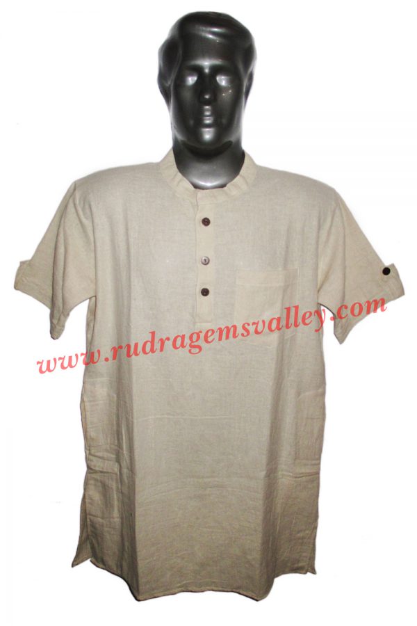 Fine quality half sleeve 34 inches long Indian khadi kurta, available in many chest sizes. Weight approx 310 grams, 4 pockets. Pack of 1 pcs.