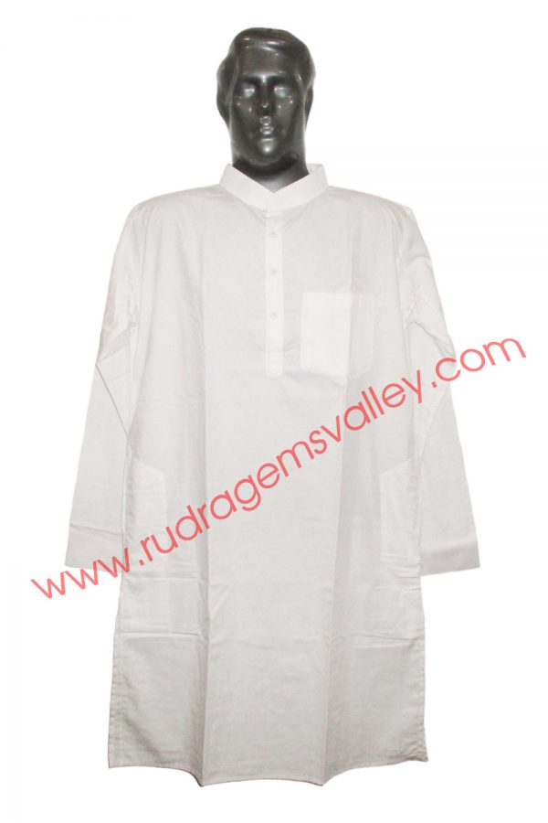 White cotton mens kurta full sleeve 40 inches long, available in many chest sizes. Weight approx 200 grams, 4 pockets. Pack of 1 pcs.