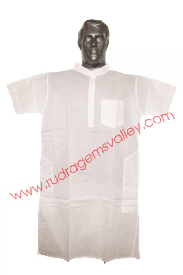 White cotton mens kurta half sleeve 40 inches long, available in many chest sizes. Weight approx 180 grams, 4 pockets. Pack of 1 pcs.